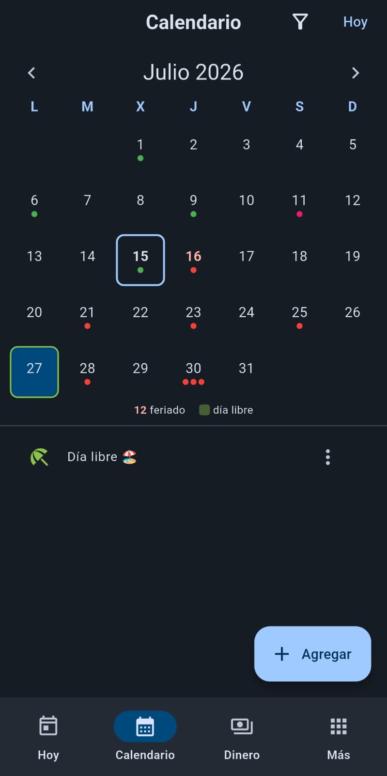 Captura: calendario con feriados (rojo) y día libre (verde)